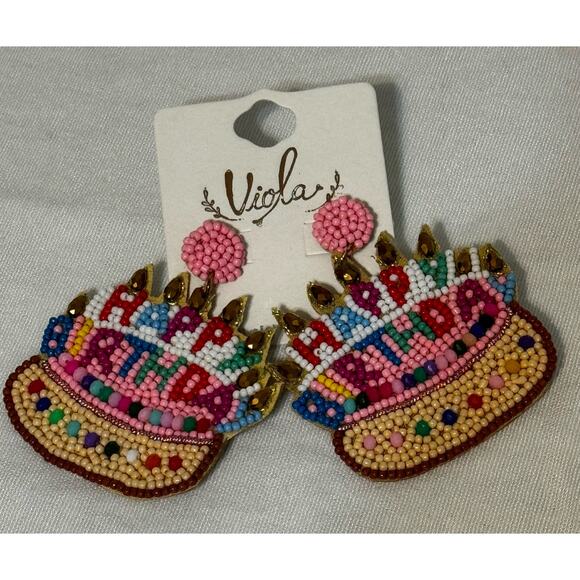 Viola Happy Birthday Cake‎ Earrings Beaded Rhinestones 3" - Picture 1 of 4